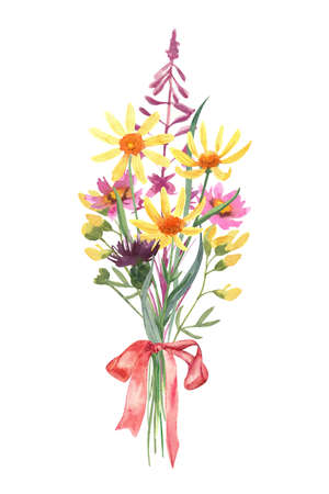 Bouquet of wild flowers decorated with red ribbon bow. Watercolor hand painted illustration isolated on white background. Yellow, pink and green meadow flowers. Beautiful floral arrangement.の写真素材