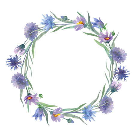 Watercolor hand painted floral round frame with green leaves and blue and purple wild flowers isolated on white. Beautiful Meadow Wreath. Great template for greeting cards design, invitations.の写真素材