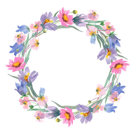 Watercolor hand painted floral round frame with pink and purple wild flowers isolated on white. Beautiful Meadow Wreath. Great template for greeting cards design, invitations.の写真素材