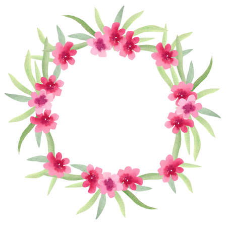 Watercolor hand painted floral round frame with green leaves and pink flowers isolated on white. beautiful death. Great template for greeting cards design, invitations.の写真素材
