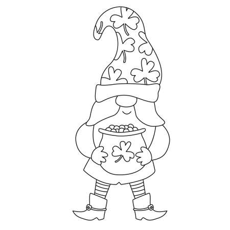 St. Patrick's Day funny gnome with pot of gold coins. Vector doodle illustration isolated on white. Hand drawn black outline. Great for greeting cards, coloring book. male character.のイラスト素材