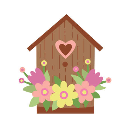 Birdhouse decorated with spring flowers. Hand drawn flat vector illustration. Great for Easter greeting cards.のイラスト素材