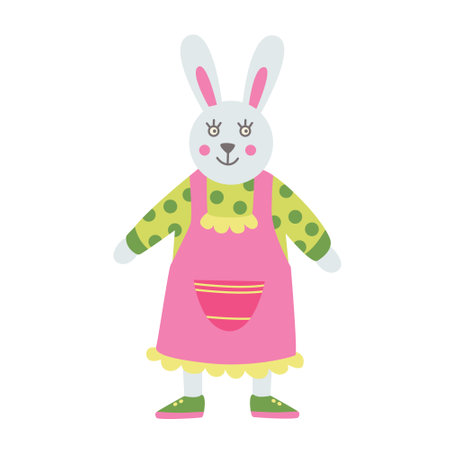 Funny bunny or rabbit girl. Hand drawn flat vector illustration. Great for Easter greeting cards.のイラスト素材