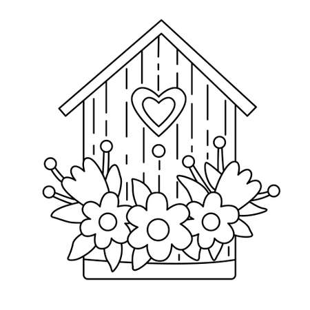 Birdhouse decorated with spring flowers. Doodle hand drawn vector illustration black outline. Great for Easter greeting cards, coloring books.のイラスト素材