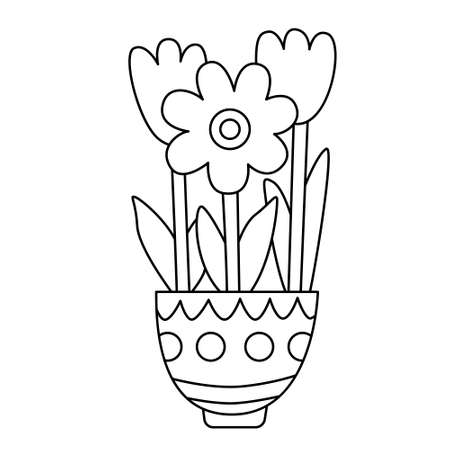Spring flowers in a pot. Doodle hand drawn vector illustration black outline. Great for Easter greeting cards, coloring books.のイラスト素材