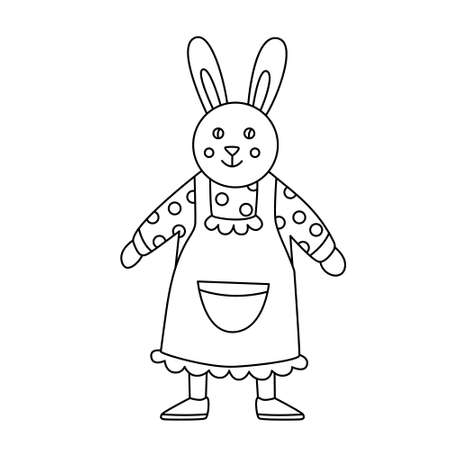 Easter funny bunny or rabbit girl. Doodle hand drawn vector illustration black outline. Great for greeting cards, coloring books.のイラスト素材