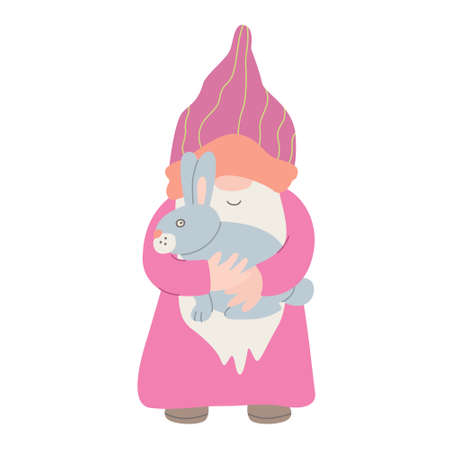 Easter funny gnome with a little bunny. Hand drawn flat vector illustration. Great for Easter greeting cards.のイラスト素材