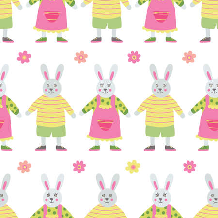 Vector seamless pattern with bunny girls and boys. Great for fabric, wrapping papers, Easter design. Hand drawn flat illustration on white background.のイラスト素材