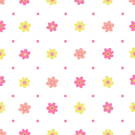 Vector seamless pattern with colorful daisy flowers. Great for fabric, wrapping papers, Easter design. Hand drawn flat illustration on white background.のイラスト素材