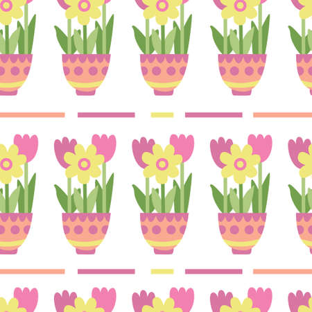 Vector seamless pattern with colorful spring flowers in pots. Great for fabric, wrapping papers, Easter design. Hand drawn flat illustration on white background.のイラスト素材
