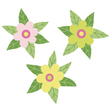 Set with decorative daisy flowers and leaves. Hand drawn flat vector illustration. Great for Easter greeting cards.のイラスト素材