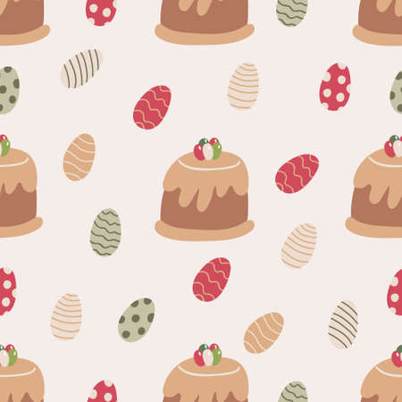 Vector seamless pattern with Easter treats and cakes. Great for fabric, wrapping papers. Hand drawn flat illustration on gray background.のイラスト素材