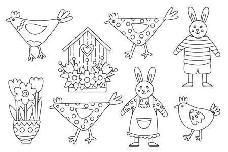 Set with cute animals. Funny hens, rabbit or bunny kids and daisy flowers. Spring hand drawn doodle vector illustration black outline. Great for Easter design.のイラスト素材