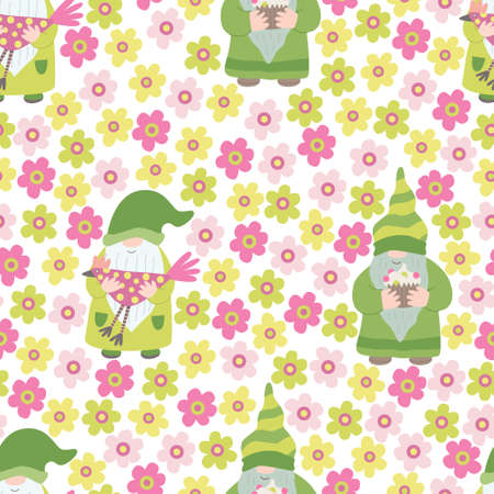 Vector seamless pattern with funny gnomes and flowers. Great for fabric, wrapping papers, spring and Easter design. Hand drawn flat illustration on white background.のイラスト素材