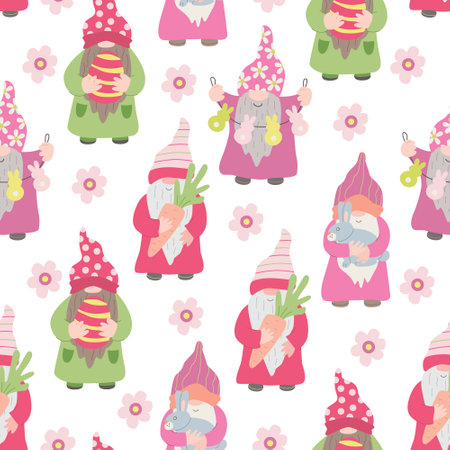 Vector seamless pattern with funny gnomes and Easter decorations. Great for fabric, wrapping papers, spring design. Hand drawn flat illustration on white background.のイラスト素材