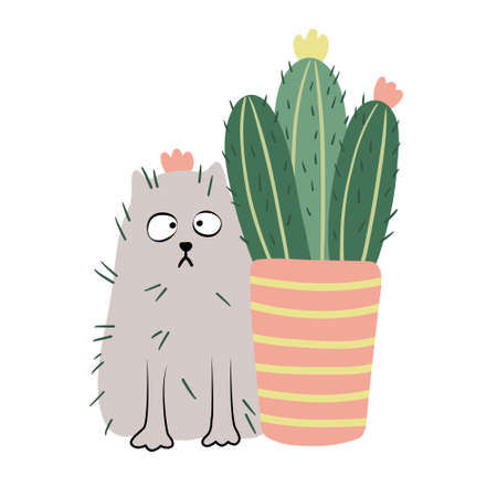 Cat with thorns and cactus. Blooming succulent houseplant in a flower pot. Vector hand drawn illustration on white background. flat style. funny cat.のイラスト素材