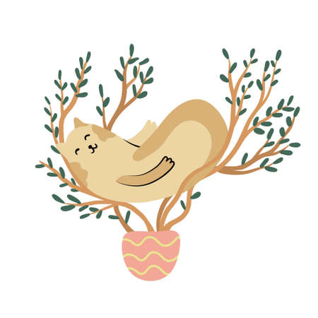 Sleeping cat on a ficus tree houseplant in a flower pot. flat style. Vector hand drawn illustration isolated on white background. Funny pet.のイラスト素材