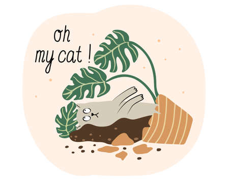 Oh my cat! Funny card with a pet and broken monstera houseplant pot. Hand drawn flat vector illustration and lettering.のイラスト素材