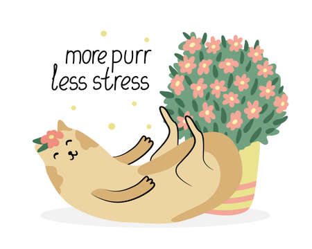 Funny card with a cute cat and flowers in a pot. Hand drawn flat vector illustration and lettering. Potted plants and pets. More purr less stressのイラスト素材