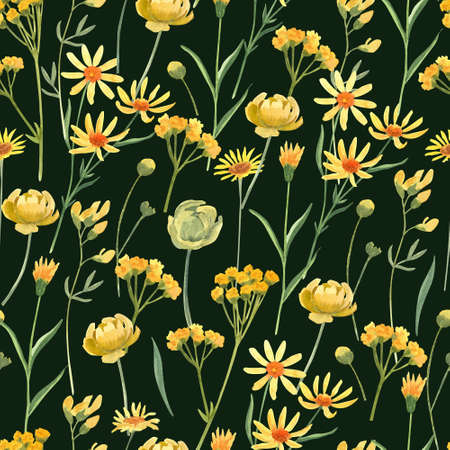 Seamless pattern with yellow wild flowers and leaves. Watercolor hand painted illustration on green. Great for fabrics, wrapping papers, wallpapers, covers. Summer textile print.の写真素材