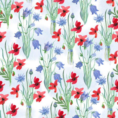 Floral seamless pattern with bellflower, cornflowers and poppy flowers. watercolor hand painted illustration. Great for fabrics, wrapping papers, wallpapers, covers. Summer textile print.の写真素材