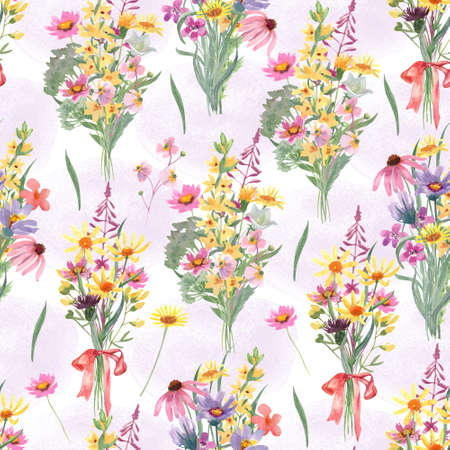 Seamless pattern with wildflowers bouquets. watercolor hand painted illustration. Great for fabrics, wrapping papers, wallpapers, covers. Summer textile print.の写真素材