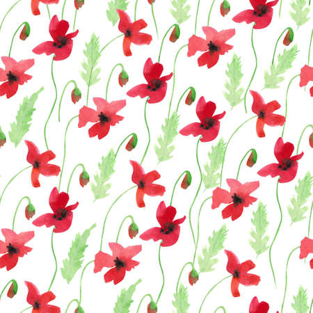 Floral seamless pattern with poppy flowers. watercolor hand painted illustration. Great for fabrics, wrapping papers, wallpapers, covers. Summer textile print.の写真素材