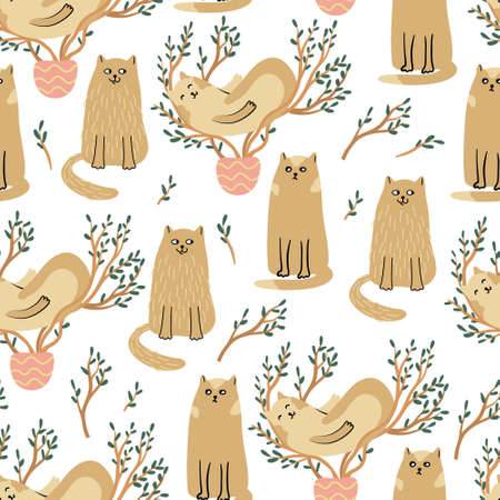 Funny cats and ficus tree plants seamless pattern. Hand drawn flat vector illustration. Potted plants and pets. Great for fabrics, wrapping papers, wallpapers, covers.のイラスト素材