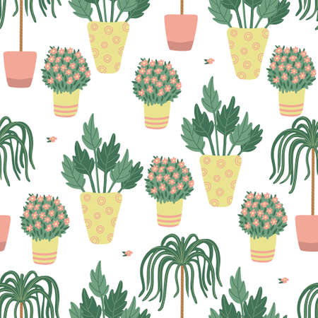 Houseplants seamless pattern on white. Hand drawn flat vector illustration. Potted plants in garden. Great for fabrics, wrapping papers, wallpapers, covers.のイラスト素材