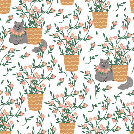 Cats in the garden with blooming plants seamless pattern. Hand drawn flat vector illustration. Potted plants and pets. Great for fabrics, wrapping papers, wallpapers, covers.のイラスト素材