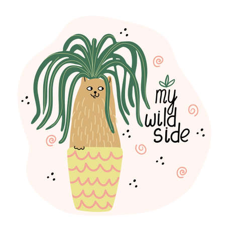Card with a cute cat in a flower pot. Hand drawn flat vector illustration and lettering. My wild side quote. Pet and dracaena house plant.のイラスト素材