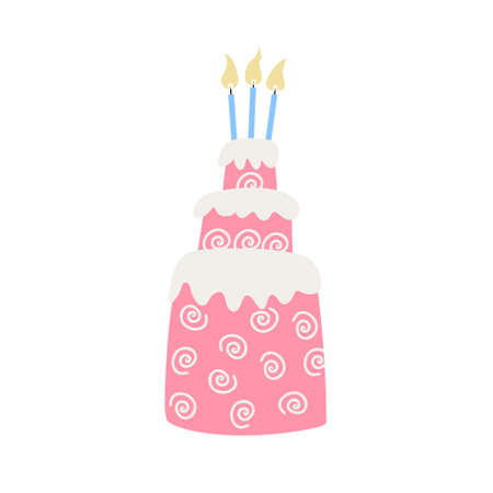 Birthday cake with burning candles isolated on white background. Hand drawn flat vector...