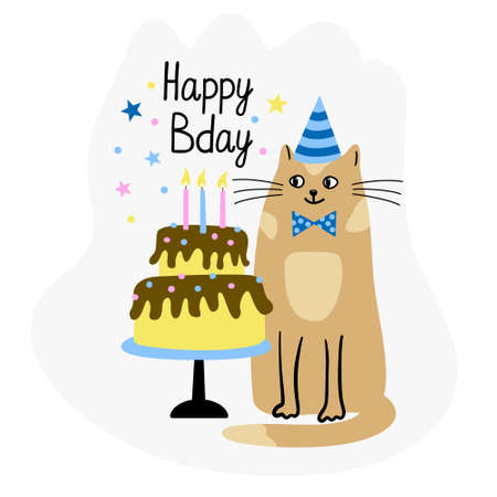 Greeting card with a cute cat and birthday cake. Hand drawn flat vector illustration and Happy Bday lettering. Funny pet.のイラスト素材