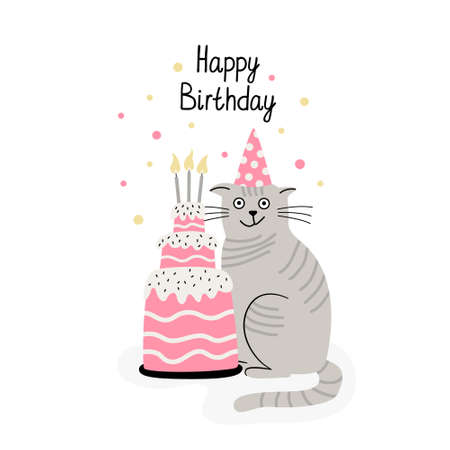 Greeting card with a funny cat and birthday cake. Hand drawn flat vector illustration and Happy Birthday lettering. cute pet.のイラスト素材
