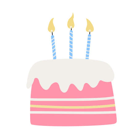 Birthday cake with burning candles isolated on white background. Hand drawn flat vector illustration. Great greeting cards.のイラスト素材