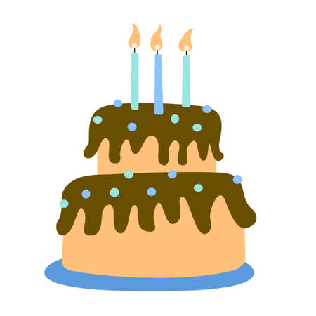 Birthday cake with burning candles isolated on white background. Hand drawn flat vector...