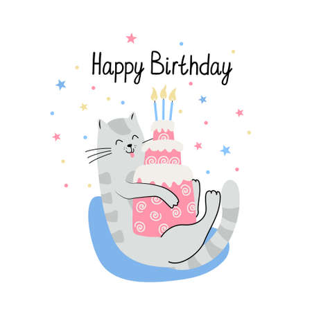 Greeting card with a cute cat and birthday cake. Hand drawn flat vector illustration and Happy Birthday lettering. Funny pet.のイラスト素材