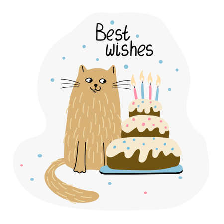 Greeting card with a cute cat and birthday cake. Hand drawn flat vector illustration and Best wishes lettering. Funny pet.のイラスト素材