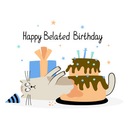 Greeting card with a funny cat and birthday cake and present. Hand drawn flat vector illustration and Happy Belated Birthday lettering. cute pet.のイラスト素材