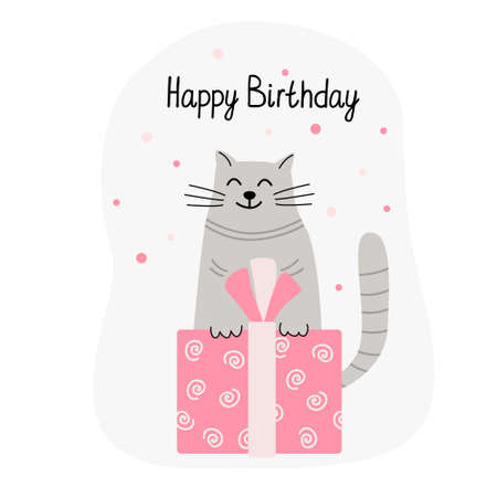 Greeting card with a funny cat and birthday present or gift box. Hand drawn flat vector illustration and Happy Birthday lettering. cute pet.のイラスト素材