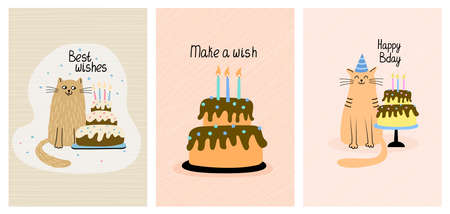 Set of greeting cards with funny cats and birthday cakes. Hand drawn flat vector illustration and lettering. Funny pet.のイラスト素材