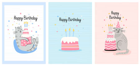 Set of greeting cards with funny cats and birthday cakes. Hand drawn flat vector illustration and lettering. Funny pet.のイラスト素材