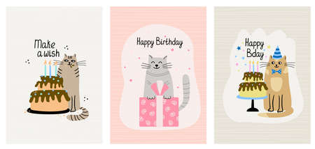 Set of greeting cards with funny cats and birthday cakes. Hand drawn flat vector illustration and lettering. Funny pet.のイラスト素材