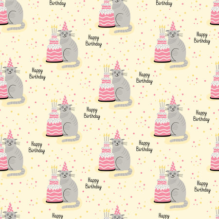 Vector seamless pattern with cats and birthday cakes. Hand drawn flat illustration and Happy Birthday lettering. Great for wrapping paper.のイラスト素材
