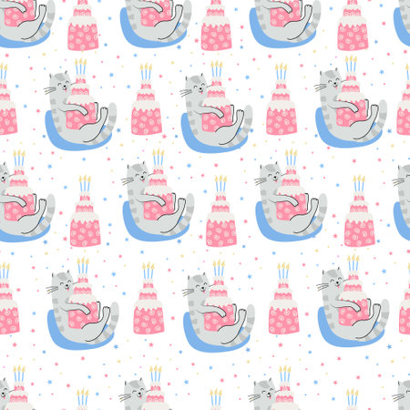 Vector seamless pattern with cute cats and birthday cakes. Hand drawn flat illustration. Great for wrapping paper.のイラスト素材