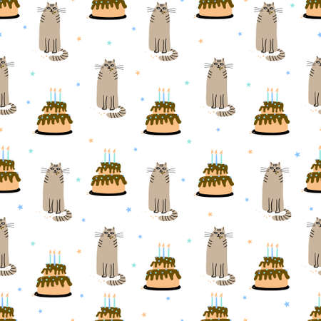 Vector seamless pattern with cats and birthday cakes. Hand drawn flat illustration. Great for wrapping paper.のイラスト素材