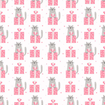 Vector seamless pattern with cats and gift boxes. Hand drawn flat illustration. Great for wrapping paper. pink and gray colors.のイラスト素材