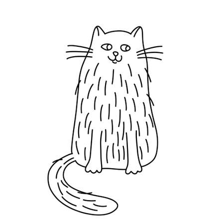 Happy fluffy cat in doodle style. hand drawn vector illustration. Isolated black outlineのイラスト素材