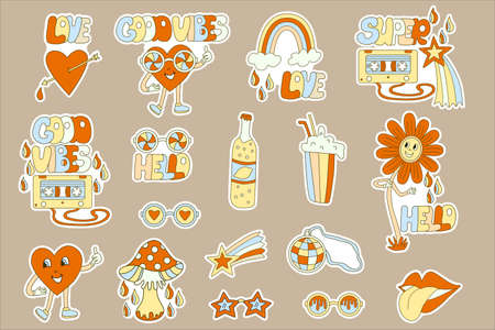 Hippie vibe sticker set. Retro 70s illustration. Hand drawn vector groovy psychedelic cartoon style. white outlines.のイラスト素材