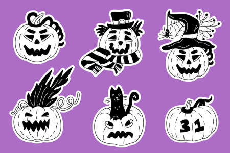 Jack o lantern sticker set. Hand drawn doodle vector illustrator of halloween pumpkins. white outlines.のイラスト素材